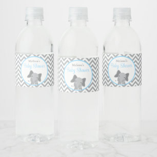 Cute Elephant Chevron Light Blue Baby Shower Water Bottle Label