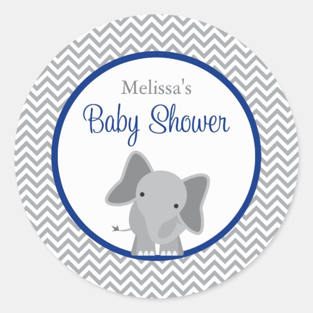 Cute Elephant Chevron Navy Blue Baby Shower Classic Round Sticker (Front)