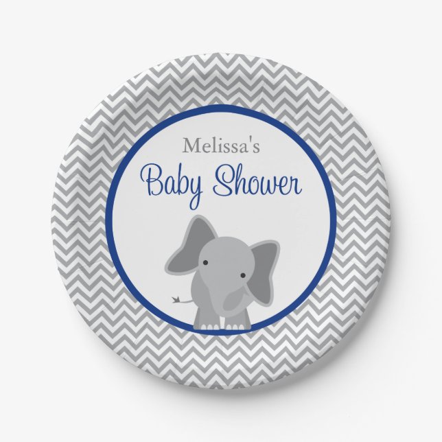 Cute Elephant Chevron Navy Blue Baby Shower Paper Plate (Front)