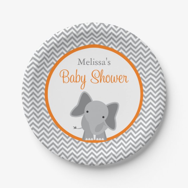 Cute Elephant Chevron Orange Baby Shower Paper Plate (Front)