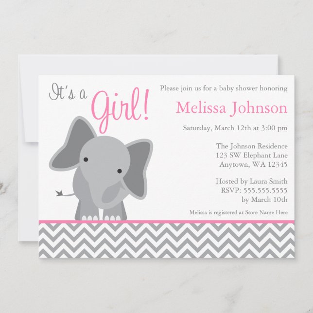 Cute Elephant Chevron Pink Baby Shower Invitation (Front)