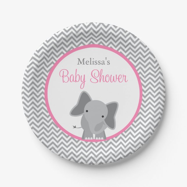 Cute Elephant Chevron Pink Baby Shower Paper Plate (Front)