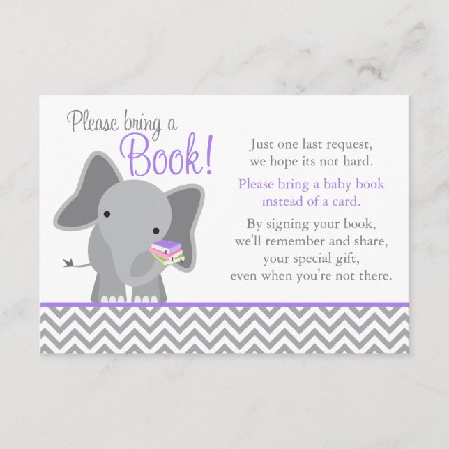 Cute Elephant Chevron Purple Girl Baby Shower Book Enclosure Card (Front)