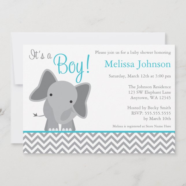 Cute Elephant Chevron Teal Baby Shower Invitation (Front)