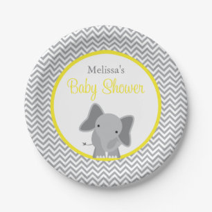 Cute Elephant Chevron Yellow Baby Shower Paper Plate