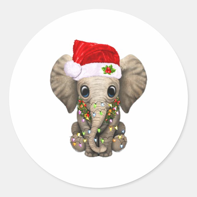 Cute Elephant Christmas Light Funny Elephant Lover Classic Round Sticker (Front)