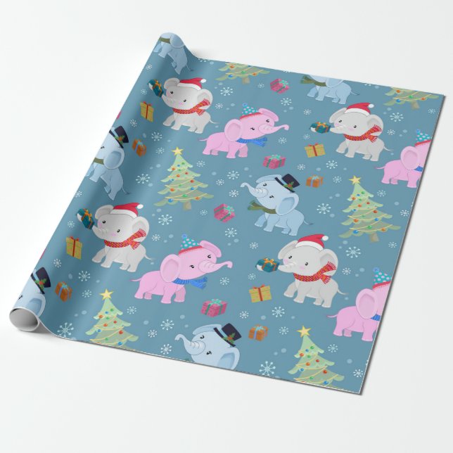 Cute Elephant Christmas Pattern Wrapping Paper (Unrolled)