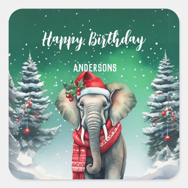Cute elephant Christmas tree birthday girl party Square Sticker (Front)
