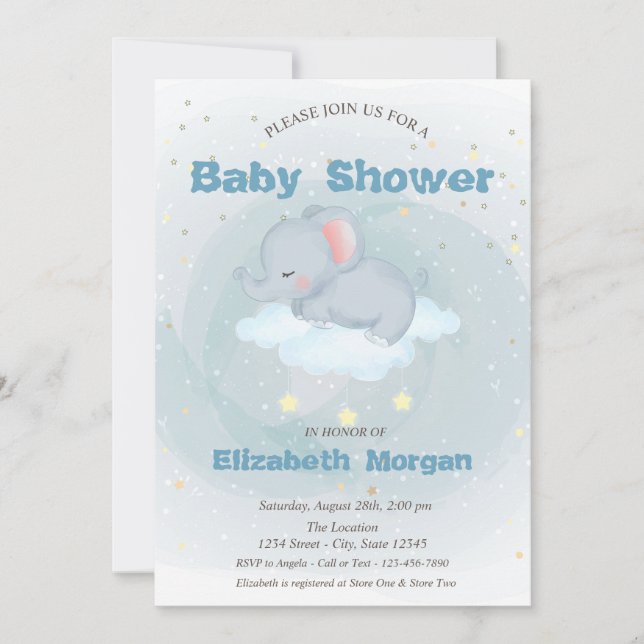 Cute Elephant,Cloud, Stars Baby Shower Invitation (Front)