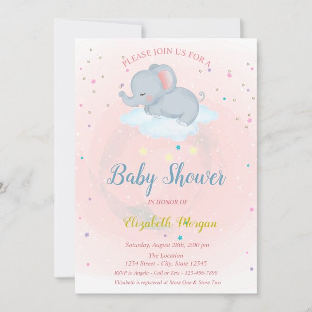 Cute elephant,Cloud, Stars Baby Shower Invitation (Front)