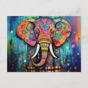 Cute Elephant Colourful Funky Mixed Media Animal Postcard