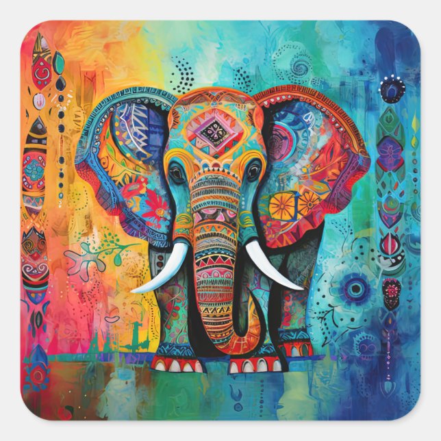 Cute Elephant Colourful Funky Mixed Media Animal Square Sticker (Front)
