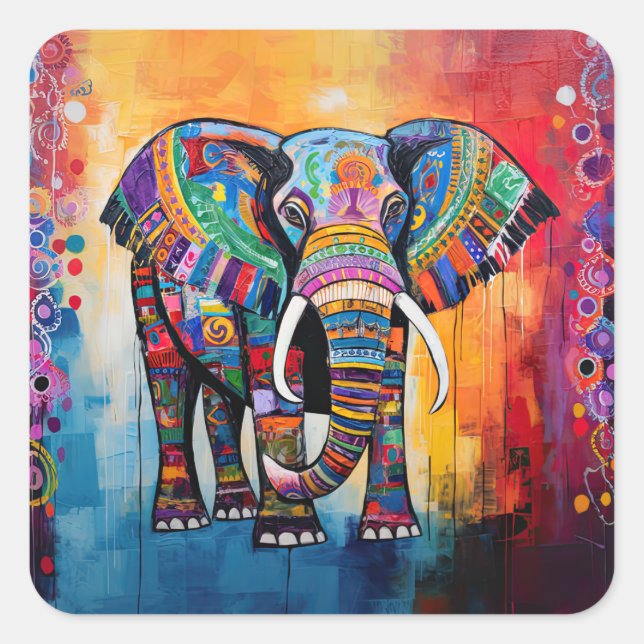 Cute Elephant Colourful Funky Mixed Media Animal Square Sticker (Front)