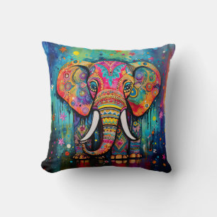 Cute Elephant Colourful Funky Mixed Media Animal T Cushion