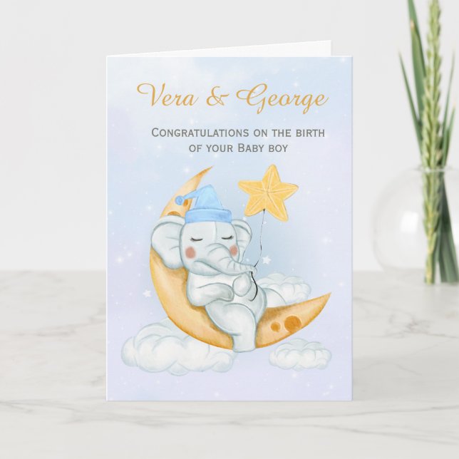 Cute Elephant Congratulations A New Baby Boy  Card (Front)