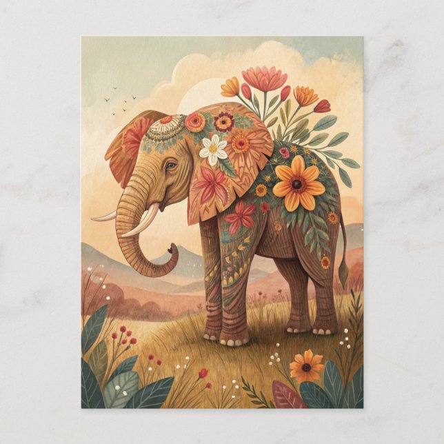 Cute elephant congratulations folk art style postcard (Front)