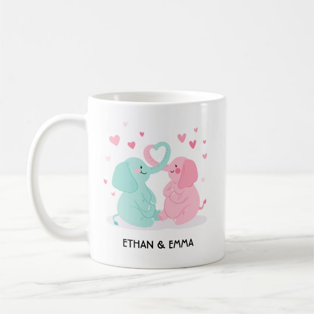Cute Elephant Couple Personalised Valentine's Day Coffee Mug (Left)