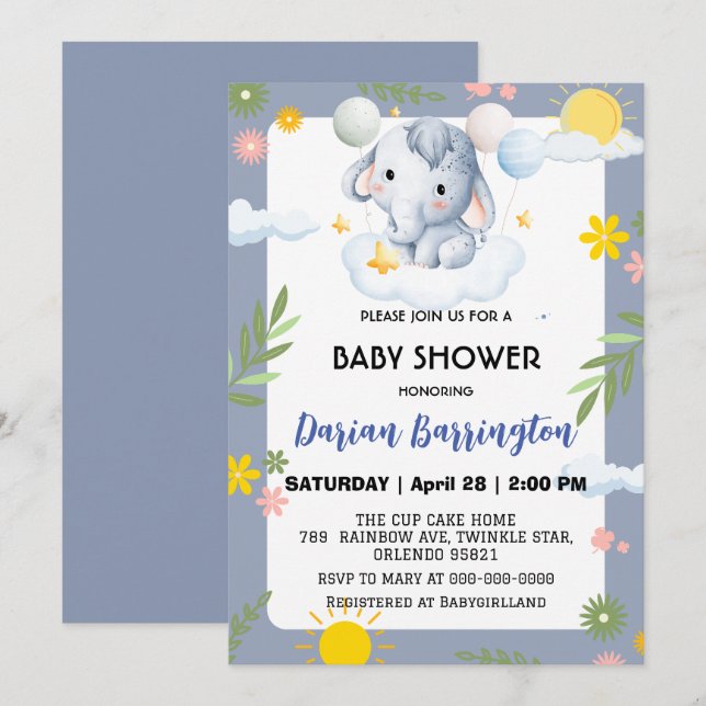 Cute elephant cub flowers baby shower kids boys invitation (Front/Back)