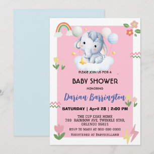 Cute elephant cub rainbow baby shower kids boys invitation