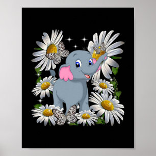 Cute Elephant Daisy Flower Butterfly Poster