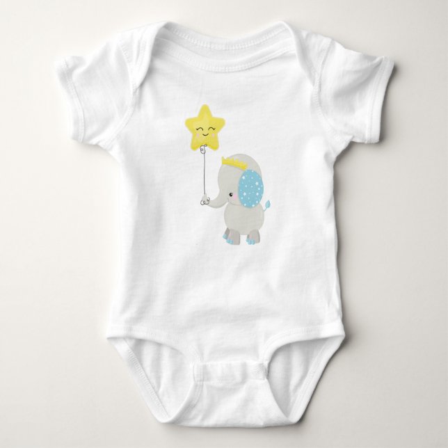 Cute Elephant, Elephant With Balloon, Crown, Star Baby Bodysuit (Front)