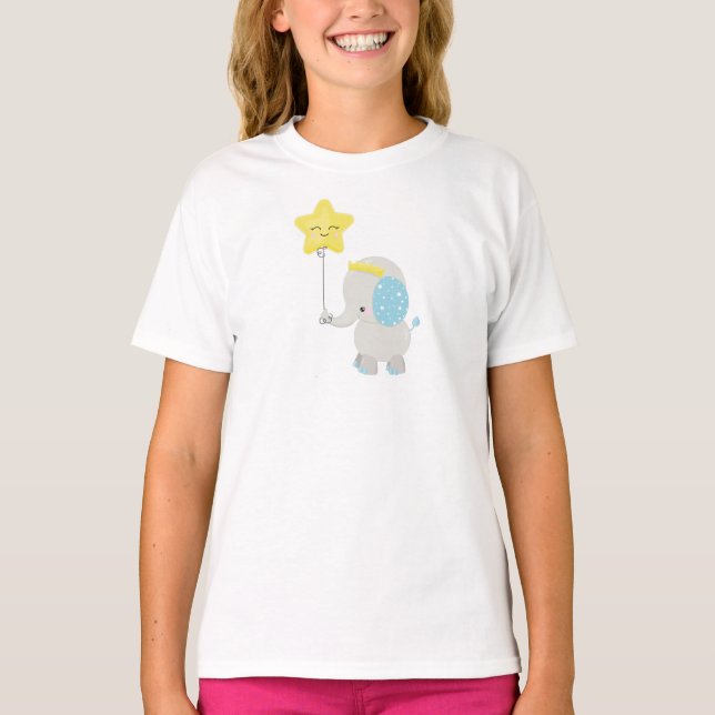 Cute Elephant, Elephant With Balloon, Crown, Star T-Shirt (Front)