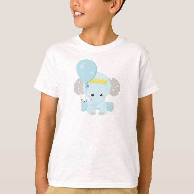 Cute Elephant, Elephant With Balloon, Crown, Stars T-Shirt (Front)