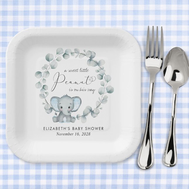 Cute Elephant Eucalyptus Baby Boy Shower Paper Plate (Creator Uploaded)