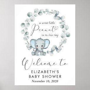 Cute Elephant Eucalyptus Baby Boy Shower Welcome Poster