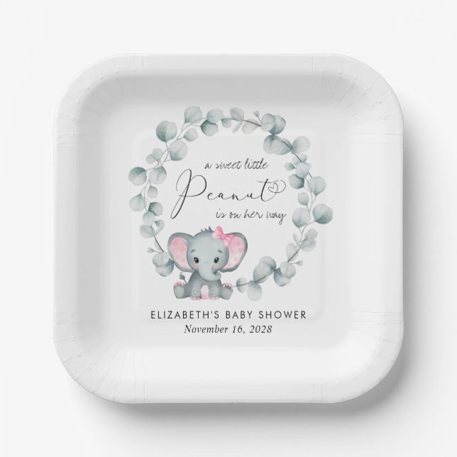Cute Elephant Eucalyptus Baby Girl Shower Paper Plate (Front)