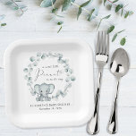 Cute Elephant Eucalyptus Baby Shower Paper Plate<br><div class="desc">Cute gender-neutral baby shower napkins featuring "A Sweet Little Peanut Is On Its Way" in a mix of modern typography and a chic script with a heart swash,  and a watercolor of a pastel mint green baby elephant in a wreath of sage green eucalyptus greenery.</div>