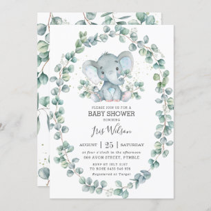 Cute Elephant Eucalyptus Greenery Baby Shower Boy Invitation