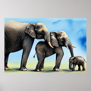 Cute Elephant Family Watercolor Poster