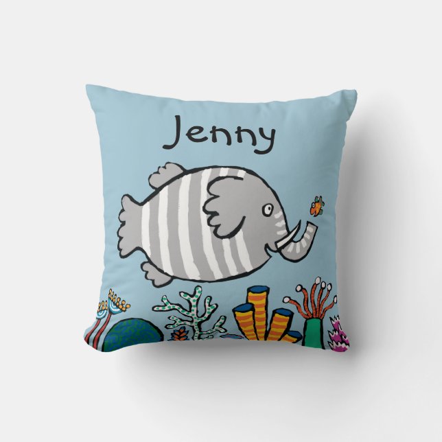 Cute Elephant Fish Scene with Coral Cushion (Front)