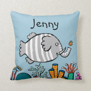 Cute Elephant Fish Scene with Coral Cushion