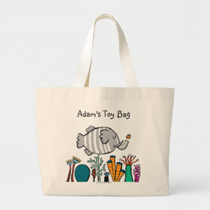 Cute Elephant Fish Scene with Coral Large Tote Bag