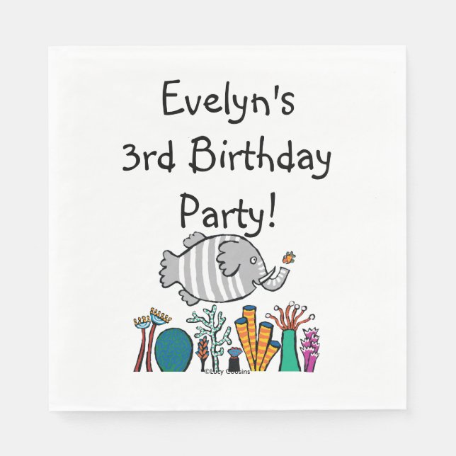 Cute Elephant Fish Scene with Coral Napkin (Front)