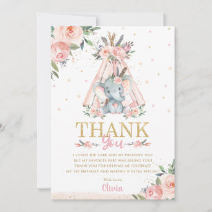 Cute Elephant Floral Boho Tribal Birthday Party  Thank You Card