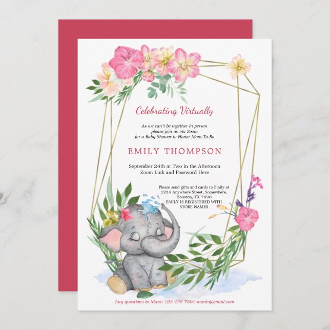 Cute Elephant Floral Geometric Virtual Baby Shower Invitation (Front/Back)