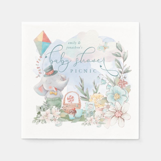 Cute Elephant Floral Nature Boy Baby Shower Picnic Napkin (Front)
