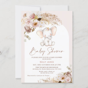Cute Elephant Floral Pampas Boho Arch Baby Shower Invitation