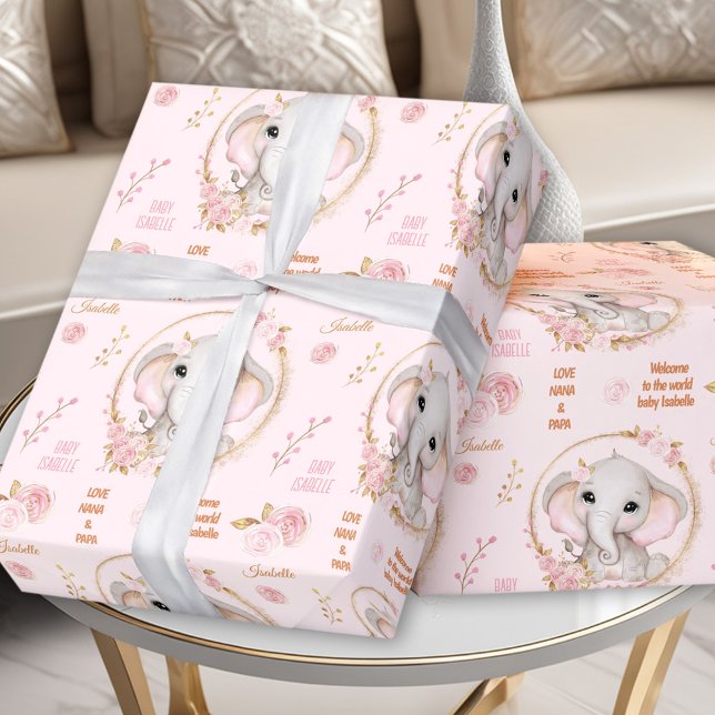 Cute Elephant Floral Pink Baby Girl Custom Name Wrapping Paper (Cute Elephant Floral Pink Baby Girl Custom Name Wrapping Paper)