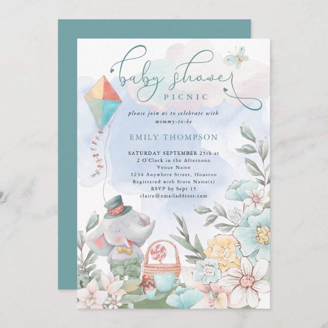 Cute Elephant Florals Baby Shower Picnic Boy Invitation (Front/Back)