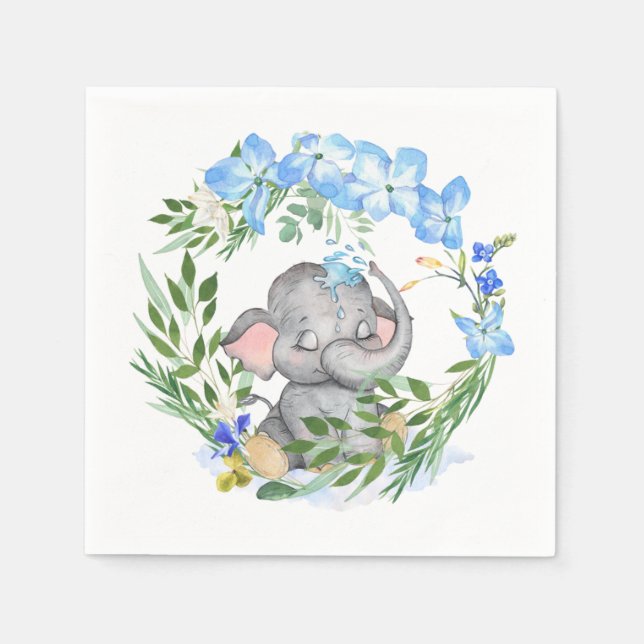 Cute Elephant Florals Foliage Blue Baby Shower Napkin (Front)
