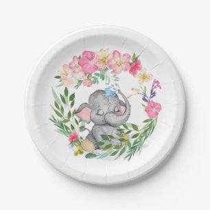 Cute Elephant Florals Foliage Pink Baby Shower Paper Plate