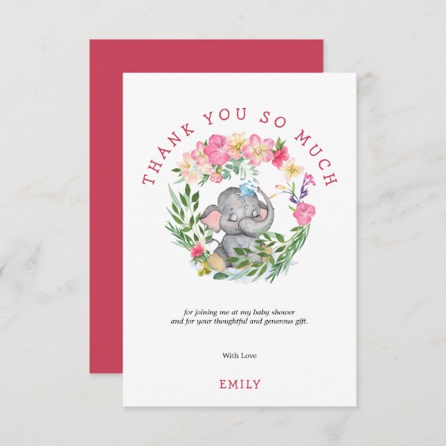 Cute Elephant Florals Foliage Pink Baby Shower Thank You Card (Front/Back)