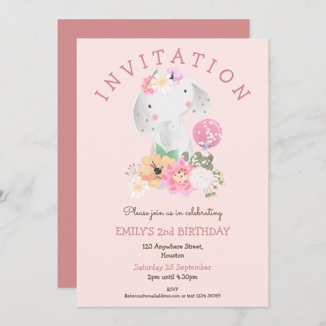 Cute Elephant Florals Girl 2nd Birthday Pink Party Invitation (Front/Back)