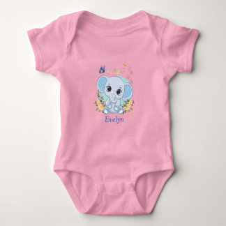 Cute Elephant Flowers and Butterflies Personalised Baby Bodysuit