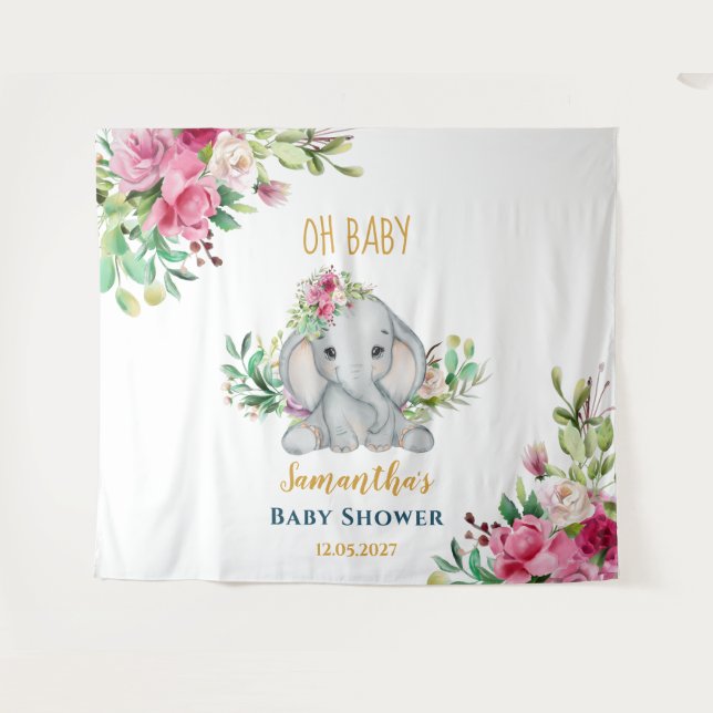  Cute Elephant Flowers Baby Shower Photo Backdrop Tapestry (Front (Horizontal))