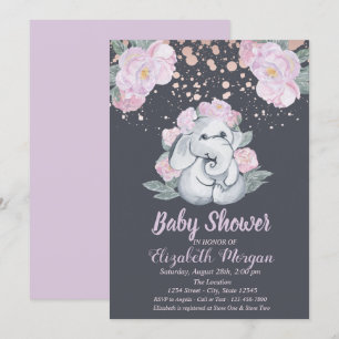 Cute Elephant,Flowers Light Purple Baby Shower Invitation